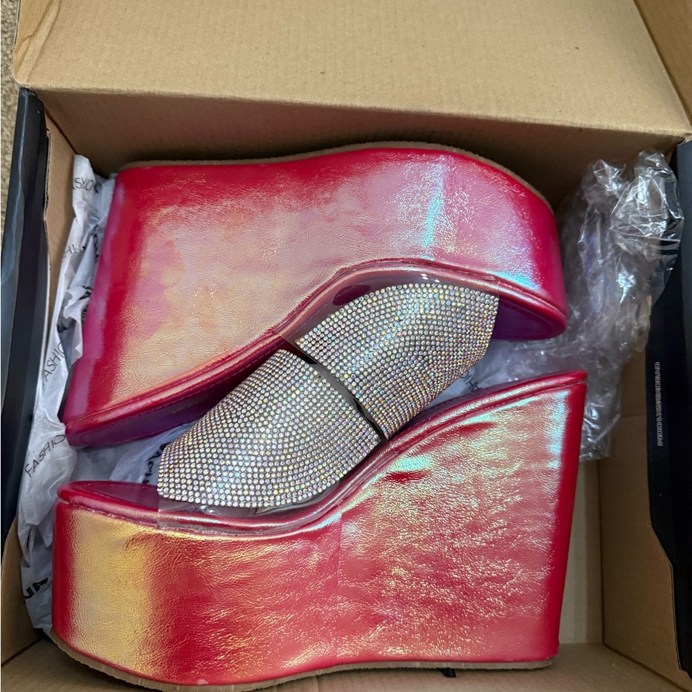 Fashion Nova Red Iridescent Platform Wedges with Rhinestone Strap